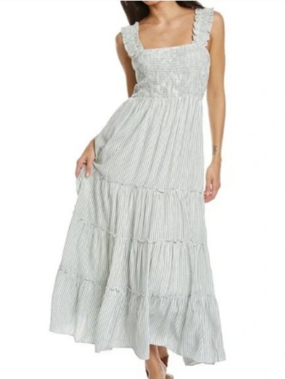 Lucy Paris Sage Green White stripe dress with ruffle tank sleeve size Large